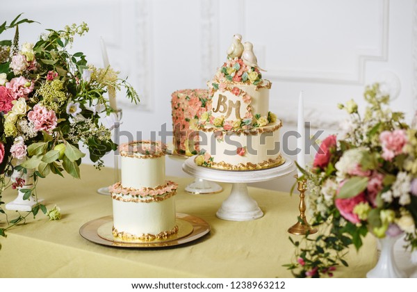 Big Cake Decorated Flowers Birds Cream Stock Photo Edit Now