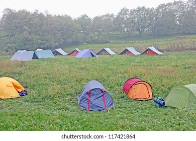 Big Campsite With Tents Of Boy Scouts On A Cold Winter Day