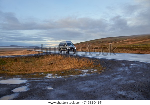 big car on the road in\
Iceland