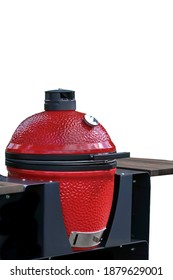 Big Ceramic Red Egg BBQ Grill. Kamado Barbecue Charcoal Grill For Cookout Food. Ceramic Barbeque Grill And Smoker Isolated On White Background.