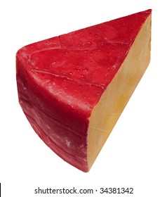 Big Cheese: A Big Wedge Of American Hoop Cheddar Cheese Covered With Red Wax On A White Background