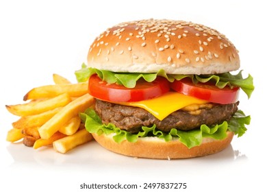 Big Cheeseburger and french fries, isolated on a white background - Powered by Shutterstock