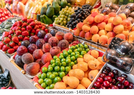 big choice of fresh Fruit and vegetable market. Various colorful fresh fruits and vegetables. Fresh and organic vegetables at farmers market