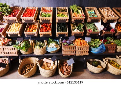 Big Choice Of Fresh Fruits And Vegetables On Market Counter