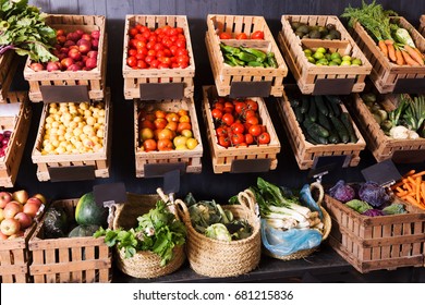 big choice of fresh fruits and vegetables on market counter