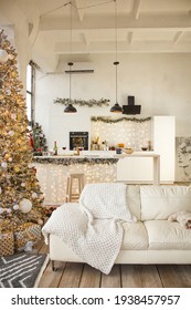 Big Christmas Tree Near White Sofa In The Living Room And Kitchen On The Panoramic Windows Background At Morning, New Year Christmas Concept, Free Space