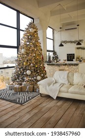 Big Christmas Tree Near White Sofa In The Living Room And Kitchen On The Panoramic Windows Background At Morning, New Year Christmas Concept, Free Space