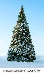 Big Christmas Tree On Snow, Background Of Blue Sky