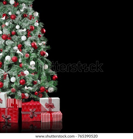 big christmas tree with red and white decorations with presents boxes under it isolated on black - Black Red White Christmas Decorations big christmas tree with red and white decorations with presents boxes under it isolated on black - Black Red White Christmas Decorations