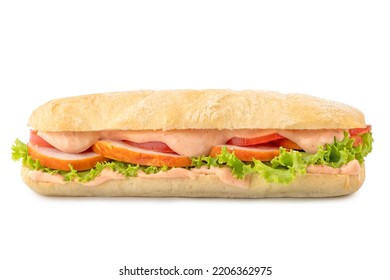 Big Ciabatta Sandwich With Bacon, Lettuce, Tomato And Sauces Isolated On White Background