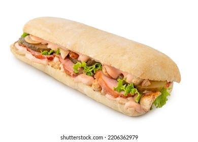 Big Ciabatta Sandwich With Bacon, Lettuce, Tomato And Sauces Isolated On White Background