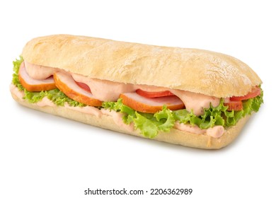 Big Ciabatta Sandwich With Bacon, Lettuce, Tomato And Sauces Isolated On White Background