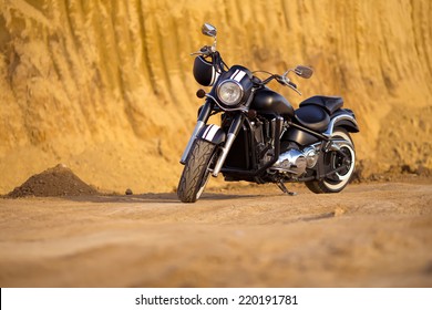 Big, Clean, Black And Unknown Chopper Bike In Desert