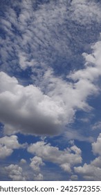 Big cloud blobs and small clouds on the beautiful blue sky. Good as a slide background for the presentation.