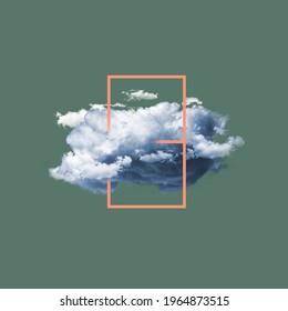 Big cloud with frame on pastel green background. Modern design, contemporary art collage. Inspiration, idea, trendy urban magazine style. Negative space to insert your text or ad. Minimalism.