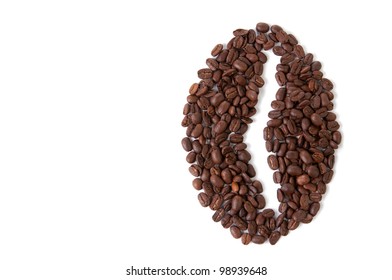 Big Coffee Bean Shape Made Of Coffee Beans, White Background, Copyspace