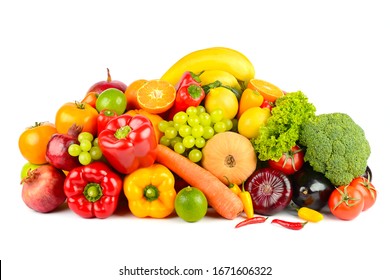 Big collection delicious wholesome fruits and vegetables isolated on white background.