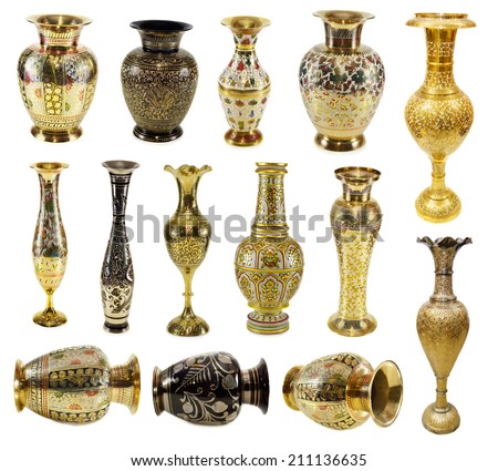Big collection of Indian vases isolated on white
