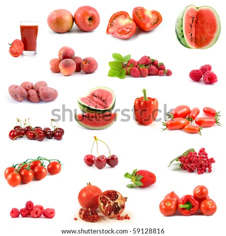 Big collection of red vegetables and fruits on white background