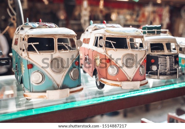 Big collection of retro car models on the\
shelf. Miniatures of colorful vintage vehicles in the shop. Turkey,\
Istanbul, 2019-08-18.