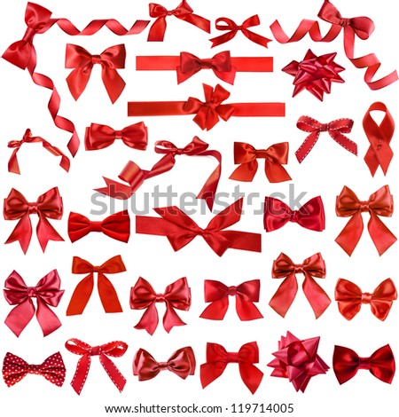 Big collection set of red gift ribbon bows close up isolated on white background