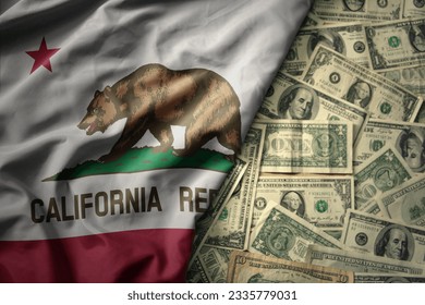 big colorful waving national flag of california state on a american dollar money background. finance concept