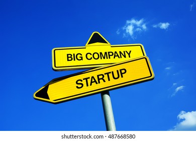 Big Company Or Startup - Traffic Sign With Two Options - Working For Established Corporation Vs Be Employed In New And Innovate Small Business. Stability And Career Vs Interesting Workplace