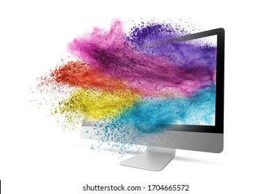 Big computer display or monitor with colorful dust explosion on a white background, copy space. Photo composing 3D render - Shutterstock ID 1704665572