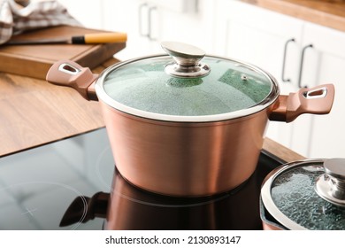 Big Cooking Pot On Stove In Kitchen, Closeup