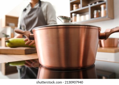 Big Cooking Pot On Stove In Kitchen, Closeup