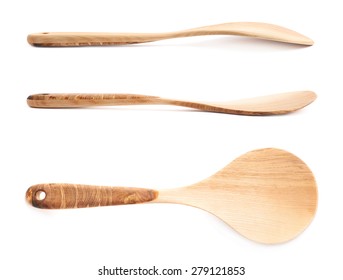 Big cooking wooden spoon ladle isolated over the white background, set of three different foreshortenings