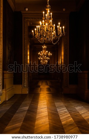 Big corridor with golden ceiling lights and wooden floor