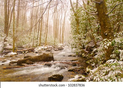 Big Creek In The Smoky Mountains During A Spring Snow Storm