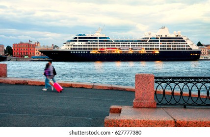 A Big Cruise Liner On The Port In St. Petersburg, Russia