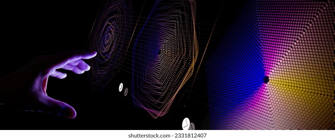 Big data analysis with AI technology for business analytics. Insights from data mining, filtering, sorting, clustering. Data scientist hand working on machine learning on virtual computer screen 