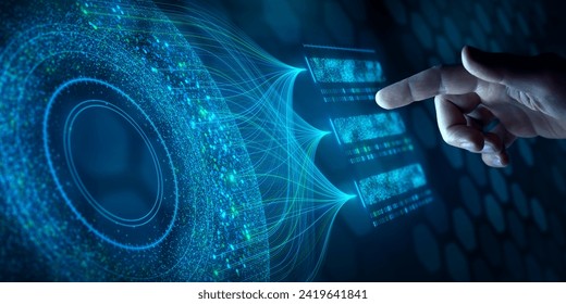 Big data analysis with AI technology. Person using machine learning and deep learning neural network for data science, data mining, business analytics, automation, data engineering. Glowing particles.