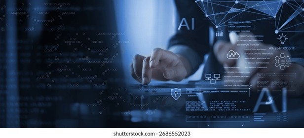 Big data analysis with AI technology. Data scientist, using machine learning and deep learning, data mining and engineering, database management and cyber security system, technology background