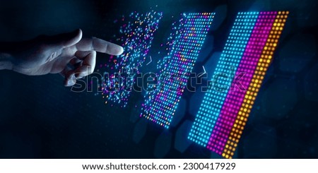 Big data analysis with AI technology for business analytics. Insights from data mining, filtering, sorting, clustering. Data scientist working on machine learning on virtual computer screen.