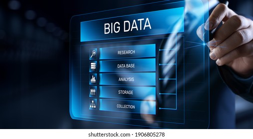 Big Data Analysis Analytics internet technology concept. Businessman pressing button on screen.