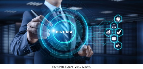 Big Data Analysis Analytics internet technology concept. Businessman pressing button on screen.