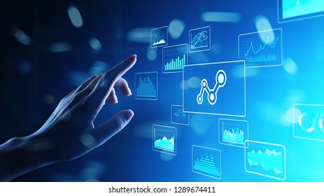 Big data analysis, business intelligence, technology solutions concept on virtual screen.