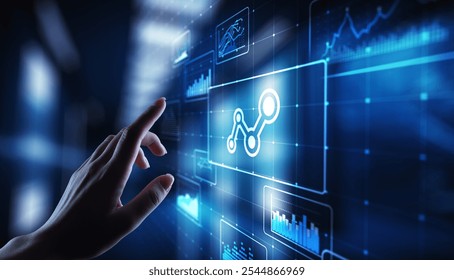 Big data analysis, business intelligence, technology solutions concept on virtual screen.