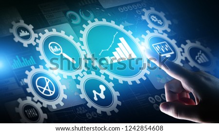 Big Data analysis, Business process analytics diagrams with gears and icons on virtual screen.
