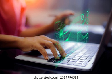Big data analysis and Document Management using technology AI. Women using laptop analyzing Management online. Financial system, taxes, interest and dividends. Virtual screen technology Management.