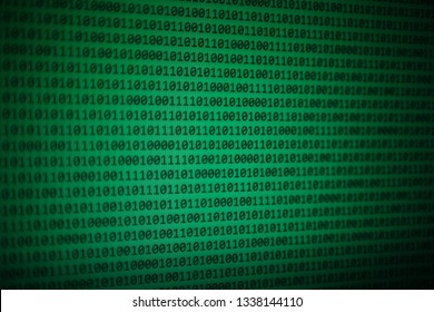 big data analysis. green binary code on led panel with black background and eyeglasses placed over the information panel. hacker and source code analysis.