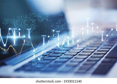 Big data analysis process with digital statistic numbers and graphs on laptop background. Double exposure