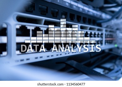 Big Data analysis text on server room background. Internet and modern technology concept.