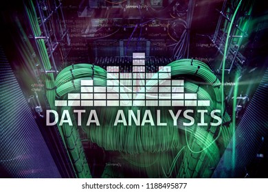 Big Data analysis text on server room background. Internet and modern technology concept.