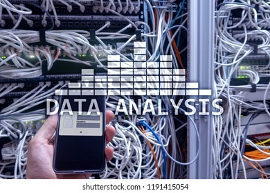 Big Data analysis text on server room background. Internet and modern technology concept.