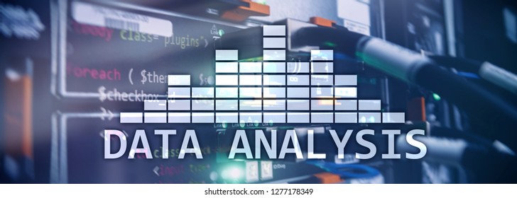 Big Data analysis text on server room background. Internet and modern technology concept.